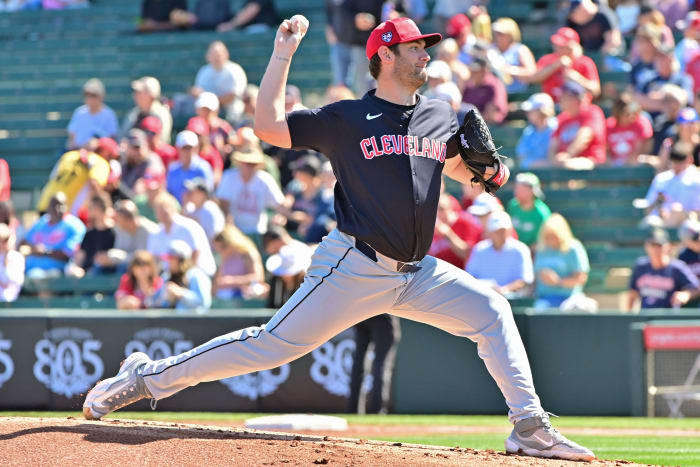 Feb 29, 2024; Tempe, Arizona, USA; Cleveland Guardians starting pitcher Gavin Williams (32) throws in the first inning against the Los Angeles Angels during a spring training game at Tempe Diablo Stadium. Mandatory Credit: Matt Kartozian-USA TODAY Sports